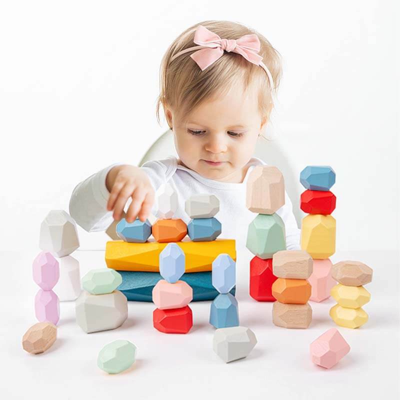 Montessori Toys Stacking Rocks Wooden Blocks Building Preschool Balancing Stones for Toddlers 1-3 Girls Boys Sensory Natural Wood 20pcs Large Size