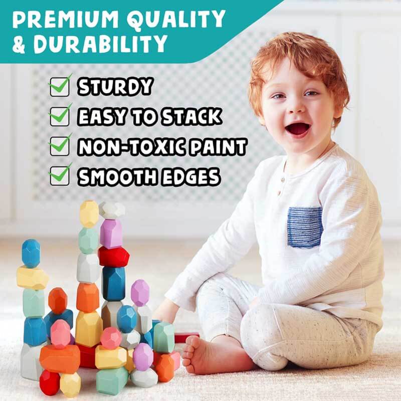 Montessori Toys Stacking Rocks Wooden Blocks Building Preschool Balancing Stones for Toddlers 1-3 Girls Boys Sensory Natural Wood 20pcs Large Size