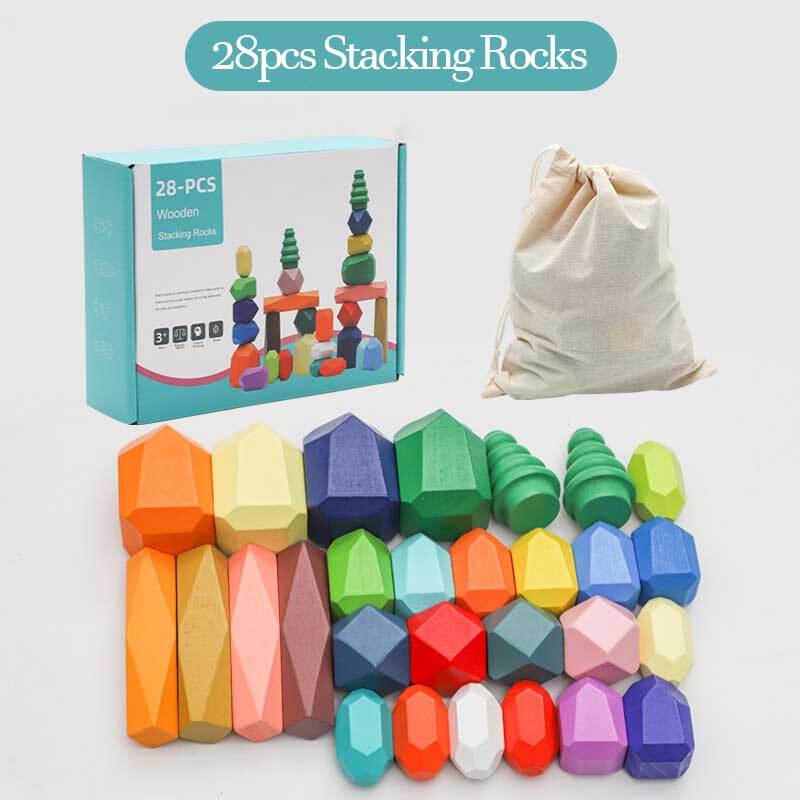 Montessori Toys Stacking Rocks Wooden Blocks Building Preschool Balancing Stones for Toddlers 1-3 Girls Boys Sensory Natural Wood 20pcs Large Size