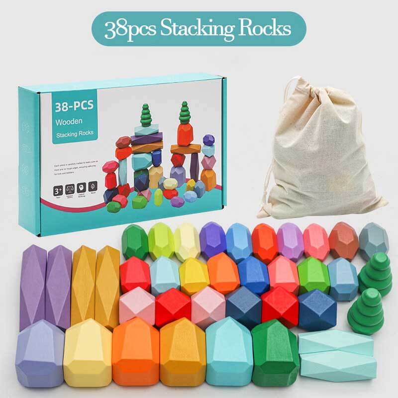 Montessori Toys Stacking Rocks Wooden Blocks Building Preschool Balancing Stones for Toddlers 1-3 Girls Boys Sensory Natural Wood 20pcs Large Size