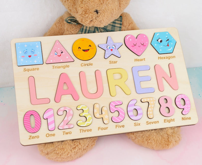 Personalized Algebraic Wooden Name Puzzle - Educational Preschool Toys for Girls, Number and Shape Learning Puzzle