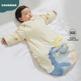 A newborn anti-kick cotton sleep bag designed for comfortable sleep, featuring Little Dinosaur pattern. 220g thick cotton for 0-10℃ and 160g thick cotton for 10-15℃ available in Gourbear brand