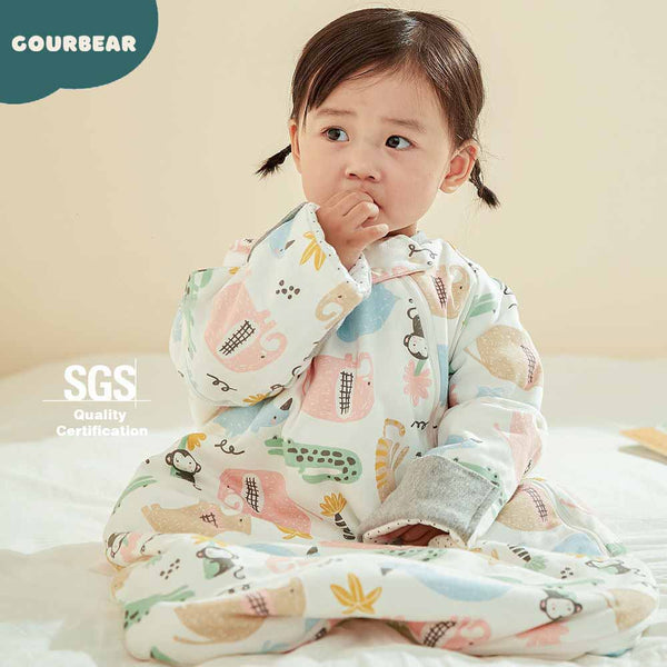 A newborn anti-kick cotton sleep bag designed for comfortable sleep, featuring Fiesta pattern. 220g thick cotton for 0-10℃ and 160g thick cotton for 10-15℃ available in Gourbear brand