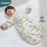 A newborn anti-kick cotton sleep bag designed for comfortable sleep, featuring Fiesta pattern. 220g thick cotton for 0-10℃ and 160g thick cotton for 10-15℃ available in Gourbear brand