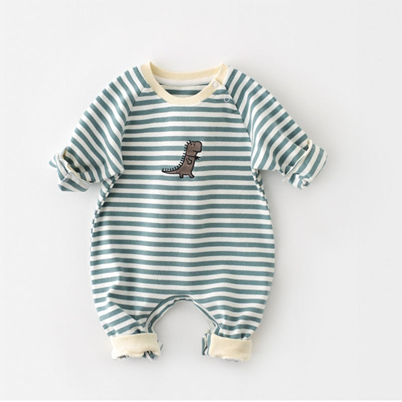 Dino-mite Baby Romper - Gestreept met dinosaurusborduursel