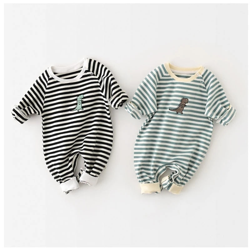 Dino-mite Baby Romper - Striped with Dinosaur Embroidery