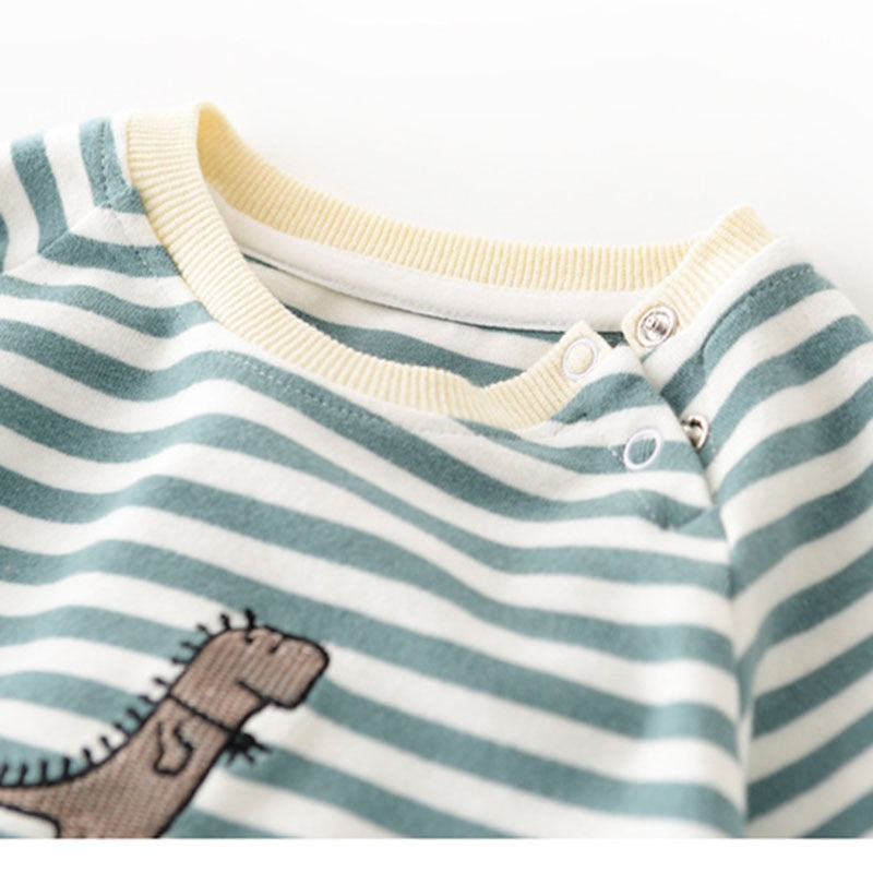 Dino-mite Baby Romper - Striped with Dinosaur Embroidery