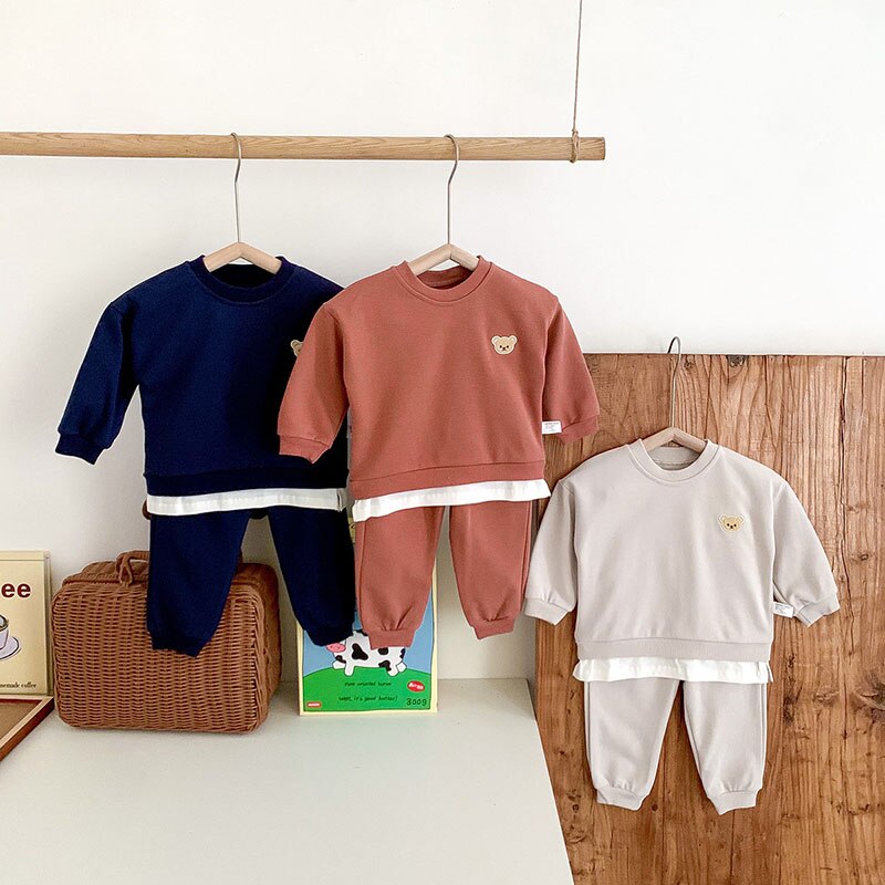 Babykleertjes set/beer borduurwerk hoodies en broeken 2 stuks pak voor 0-3 jaar