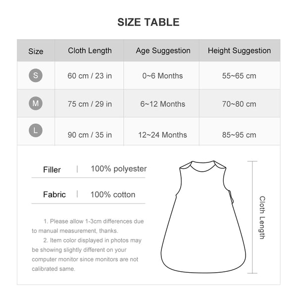 baby wearing a sleeveless sleep bag, suitable for ages 0-2 years with a 0.5 TOG rating size chart 