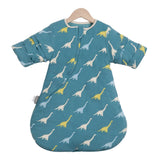 A baby sleep bag with a warmth rating of 3.5 Tog, designed for infants aged 0-2 years, featuring removable sleeves for added versatility product vintage pattern dinosaur 