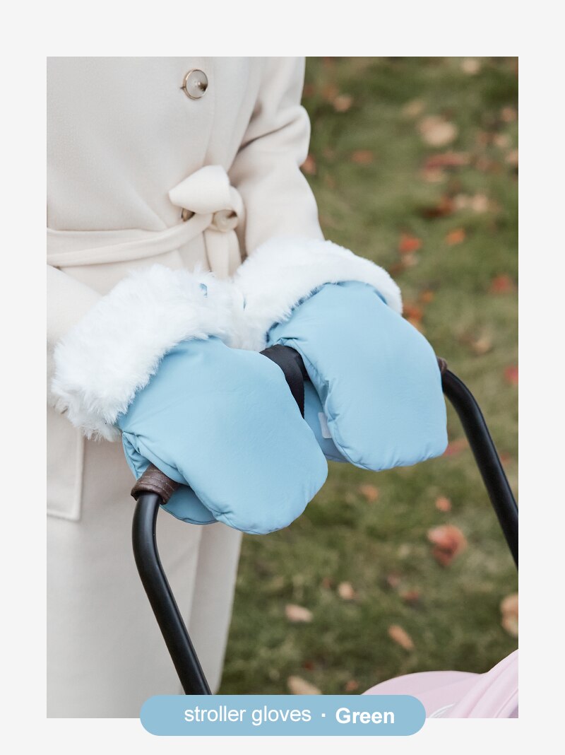 Image of blue gloves with thick fur lining and windproof exterior for warmth in cold weather