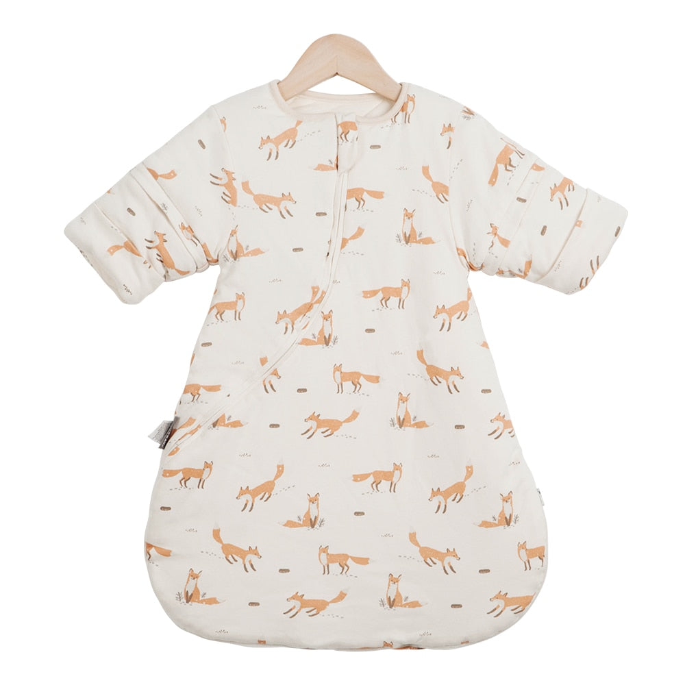 A baby sleep bag with a warmth rating of 3.5 Tog, designed for infants aged 0-2 years, featuring removable sleeves for added versatility product pattern fox