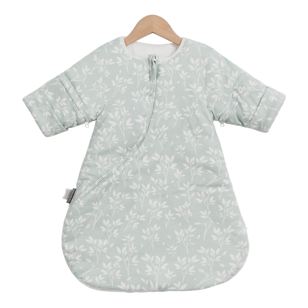 A baby sleep bag with a warmth rating of 3.5 Tog, designed for infants aged 0-2 years, featuring removable sleeves for added versatility product vintage pattern grass