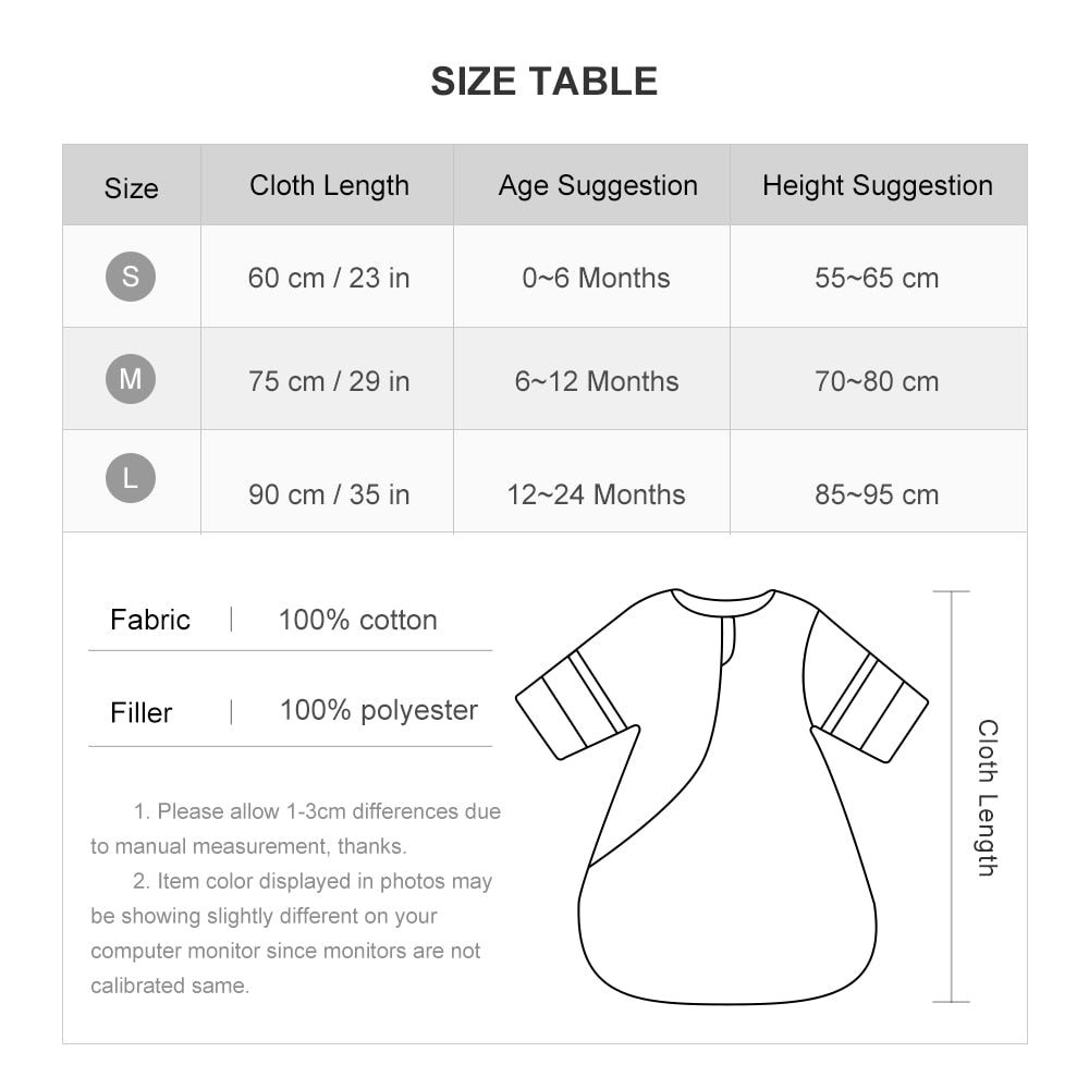 baby wear Vintage pattern size chart baby sleep bags/ baby sleep sacks 2.5 Tog Baby Sleep bag/ Removable Sleeves for 0-2 Yrs